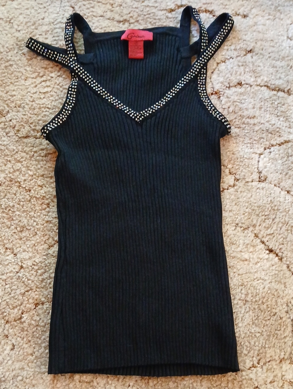 Carina Black Ribbed Tank with Rhinestone-Trim Straps